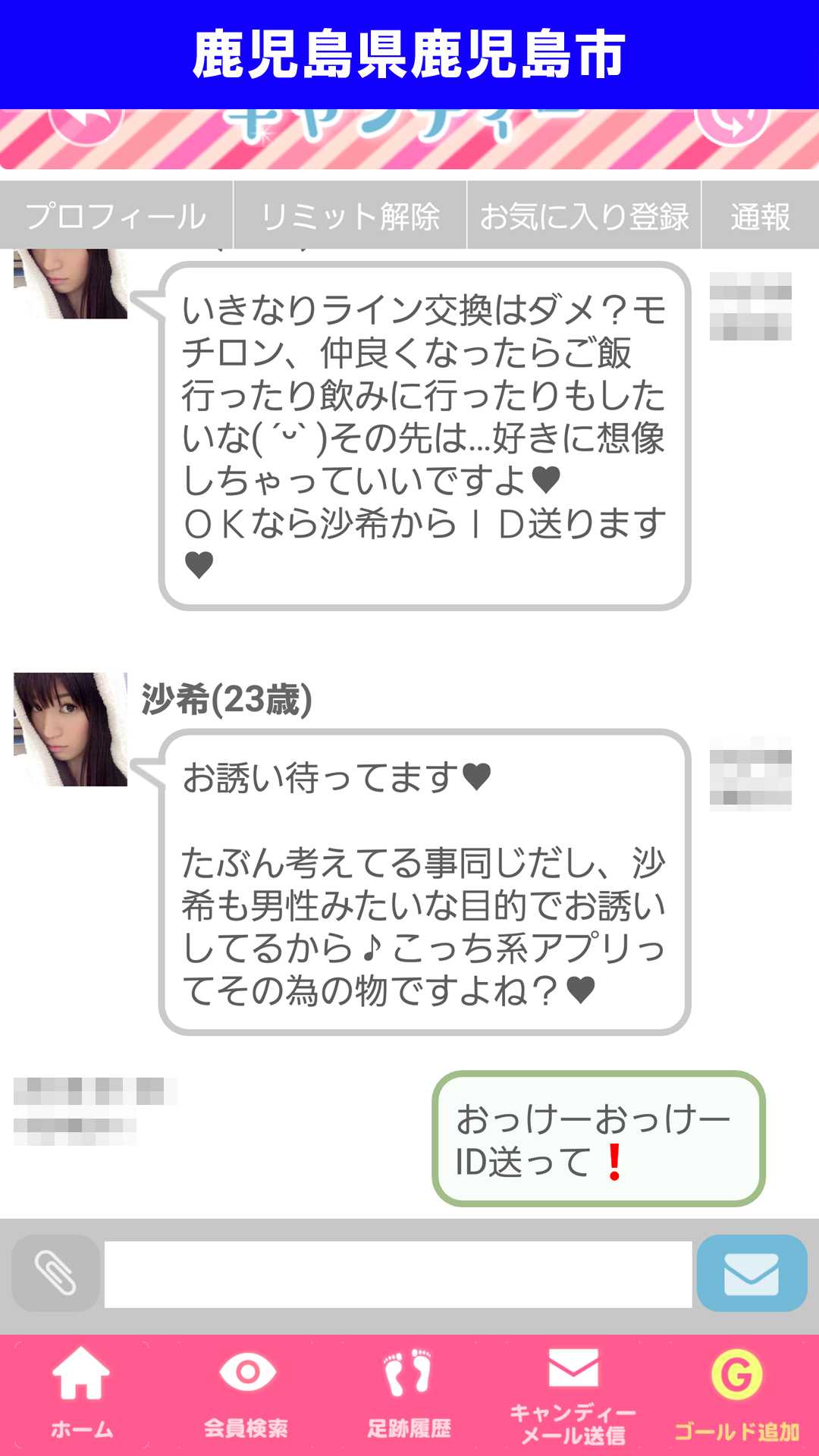 出会い系アプリ「キャンディー♪(candy)」のサクラ調査/沙希のLINE IDゲットを試みる(鹿児島)