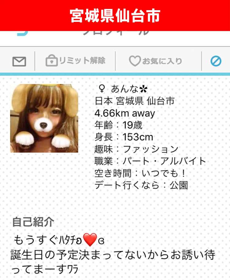 出会い系アプリ「PACO!」のサクラ調査/あんなのプロフィール(宮城)