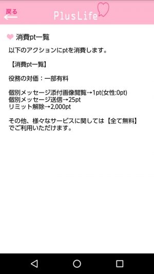 悪質出会い系アプリ「PlusLife(プラスライフ)」のポイント表