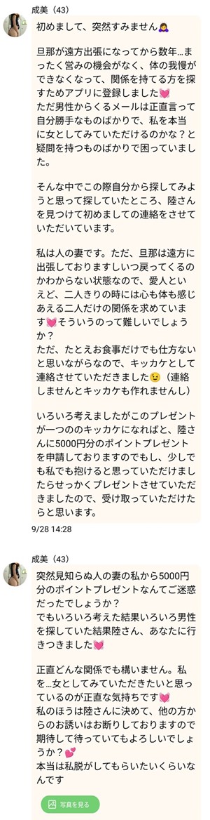 出会い アプリ 年上チャット サクラ 成美(43) メッセージ