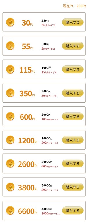 ポイント購入画面のスクリーンショット