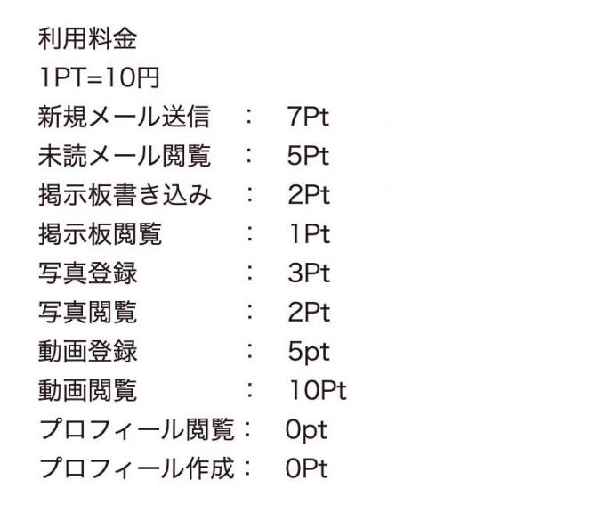 料金表のスクリーンショット