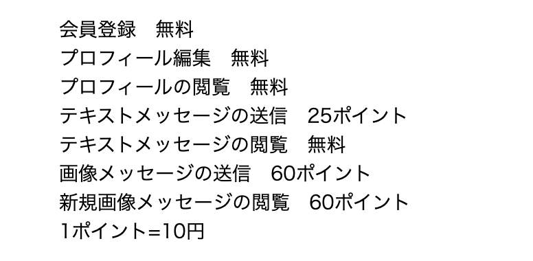 ポイント料金表のスクリーンショット